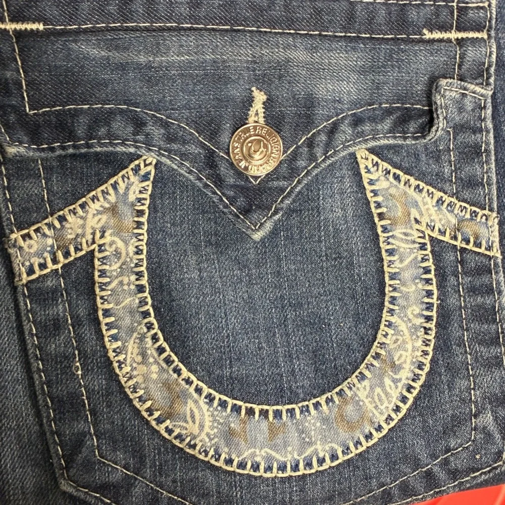 Vtg True Religion Ricky Straight Jeans Mens 36x33 Blue Paisley Pocket Flap USA